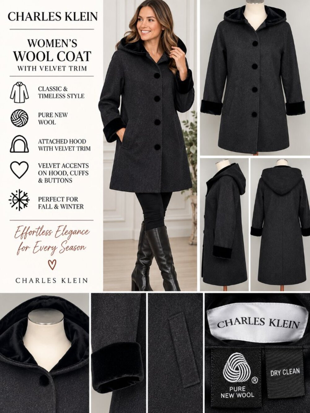 Charles Klein Women’s Charcoal Wool Hooded Coat Black Velvet Trim Classic Winter